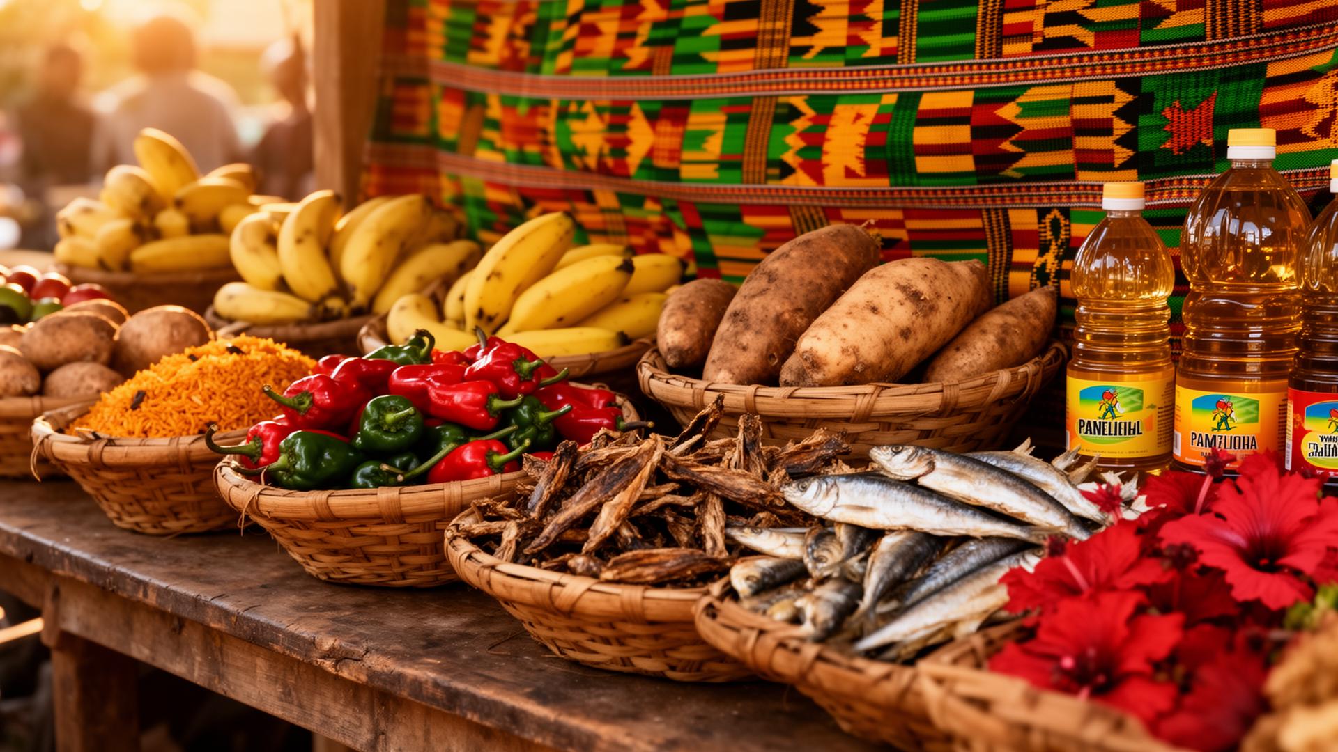 African and Caribbean groceries arranged on a wooden market table with kente cloth backdrop